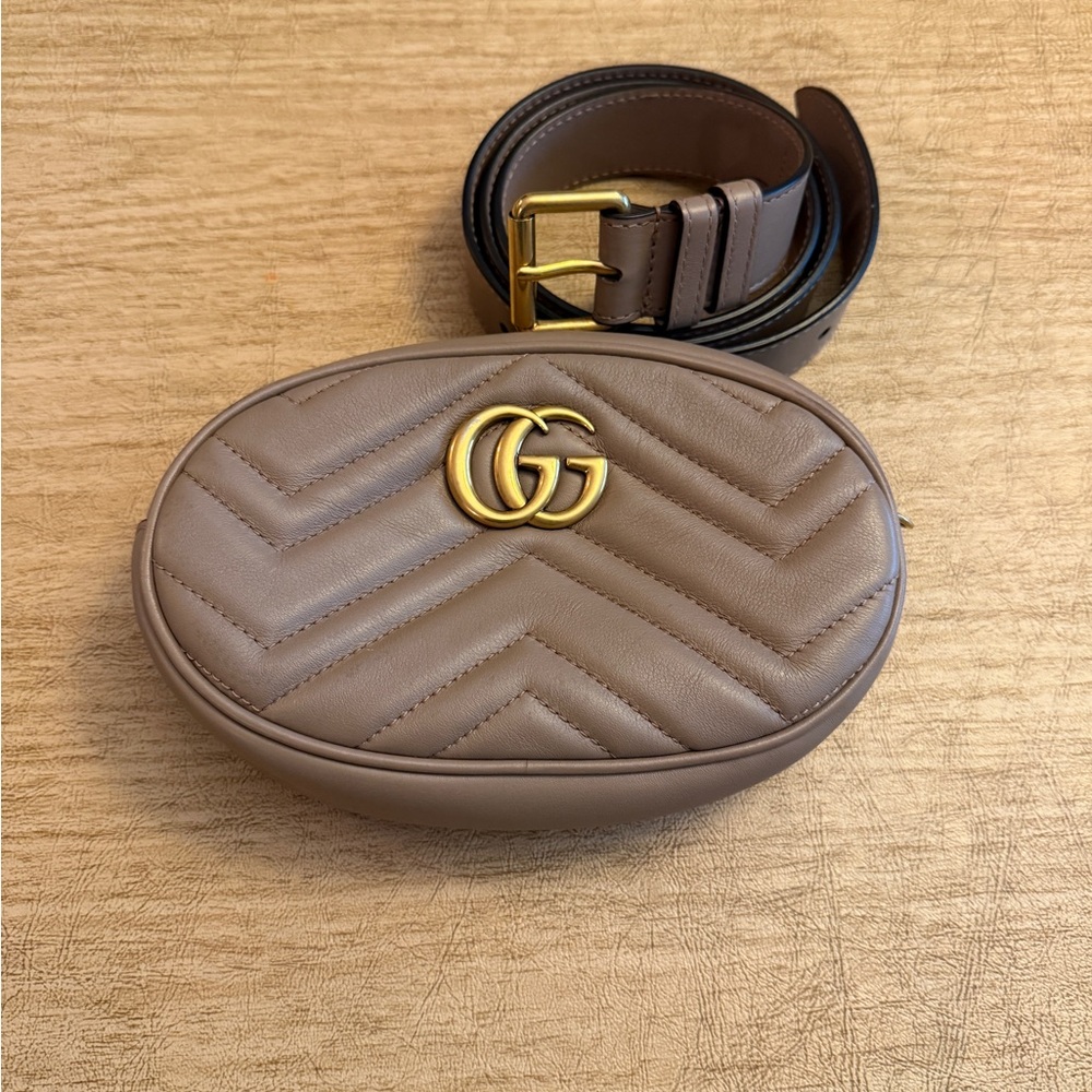 Gucci Beige Quilted Belt Bag with Gold Accent